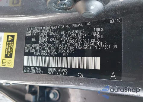 2010 Toyota Highlander Base V6 z USA, uszkodzony, nr VIN 5TDBK3EH2AS017271